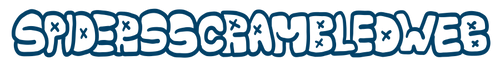 Text 'SPIDEPPSCRAMBLEDWEB' in a hand-drawn bubble letter font with blue colors.